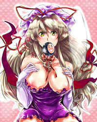 areolae bangs bare_shoulders blonde_hair blush bow breast_suppress breasts censored cleavage dress elbow_gloves enigma enigmatic female frilled_dress frills gap gloves hairjob hat hat_bow highres hips huge_breasts large_breasts long_hair looking_at_viewer magic_penis male mouth_hold nipple_slip nipples no_bra novelty_censor paizuri penis pink_background purple_dress shiny shiny_skin sitting source_request straight touhou very_long_hair white_gloves yellow_eyes yukari_yakumo