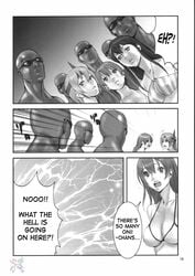 ayane_(doa) bald dark-skinned_male dark_skin dead_or_alive dead_or_alive_xtreme_beach_volleyball doujin doujinshi english_text female hard_translated highres hitomi_(doa) human human_only interracial kasumi_(doa) male monochrome nekoi_mie page_16 sunglasses translated watermark zack_(dead_or_alive)