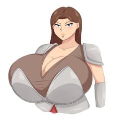 artistdex big_breasts blue_eyes breasts brown_hair catherine catherine_(shrine_of_embers) cleavage curvy fantasy female huge_breasts knight large_breasts light-skinned_female light_skin massive_breasts original_character plunging_neckline pout pouting pouty_lips sexy shrine_of_embers stern_expression thicc voluptuous voluptuous_female
