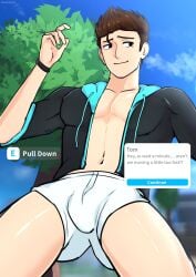 1boy big_penis black_eyes black_jacket brown_hair bulge clothed clothing dialogue erect_penis erection gay male male_focus male_only nexophyte open_clothes open_jacket outdoors outside penis roblox roblox_game robloxian solo solo_focus solo_male source_request text tom_(welcome_to_bloxburg) underwear welcome_to_bloxburg yaoi