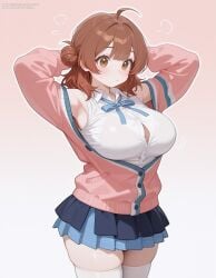 ahoge ai_generated armpits arms_behind_head arms_up blue_bow blue_skirt blush bowtie bra_visible_through_clothes breasts brown_eyes brown_hair bursting_breasts button_gap cardigan closed_mouth clothing collared_shirt dmk_meow female gakuen_idolmaster hair_bun hanami_ume idolmaster large_breasts legwear long_sleeves looking_at_viewer medium_hair miniskirt neck_ribbon pink_cardigan pleated_skirt ribbon school_uniform shirt single_hair_bun single_side_bun skindentation skirt sleeveless sleeveless_shirt solo standing thighhighs thighs uniform white_legwear white_shirt white_thighhighs zettai_ryouiki