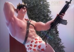 3d 3d_(artwork) 3d_render background biceps blender blender_(software) bodybuilder cloak clothing crown drawing eyes faceless_male gun gym hair hands-free heart human image king light_skin male muscles nsfw plant r34arts solo upper_body white_background