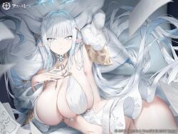 arm_up armpits azur_lane blue_eyes blue_hair blunt_bangs bois_belleau_(azur_lane) breasts cg cleavage closed_mouth copyright_name detached_sleeves dress female hair_spread_out halo hand_on_own_chest horns huge_breasts jewelry large_breasts long_hair long_sleeves looking_at_viewer lying mole mole_under_eye multicolored_hair navel necklace official_art on_side paper pointy_ears revealing_clothes solo very_long_hair white_hair