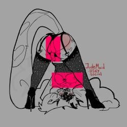 anthro ass balls blush bodily_fluids clothing digital_media_(artwork) erection felid feline footwear fur genitals hair heart_symbol hi_res legwear lingerie looking_at_viewer lovecore male mammal monochrome mythological_creature mythology nipples panties penis piercing shoes simple_background smile solo stockings tail topwear trans_(lore) trans_man_(lore) underwear wayne_(lovecore)