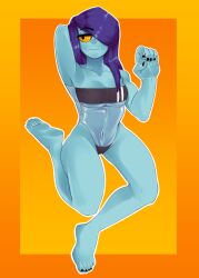 1girls absurd_res barefoot blue_skin clothed clothing feet female_only highres humanoid lowres monster_girl original_character purple_hair soles solo spiral_eyes tinsay_(artist) yellow_sclera