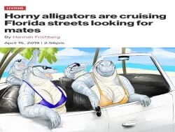 2022 alligator alligatorid anthro beach big_breasts bikini bikini_top breasts car clothing crocodilian detailed_background doctordj english_text eyewear female florida group hi_res humor inside_car inside_vehicle news news_article news_report outside palm_tree plant reptile scalie seaside sitting sunglasses swimwear text tree two-piece_swimsuit vehicle