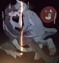 2025 anthro ass balls black_body black_fur black_nose blue_eyes blush blush_lines bodily_fluids canid canine canis chinese_text claws domestic_cat duo_focus enmapsycho feet felid feline felis finger_claws fur genitals green_eyes grey_body grey_fur group hi_res hug kemono kissing male male/male mammal multicolored_body multicolored_fur nude nude_anthro nude_male pawpads paws saliva saliva_string text toe_claws translation_request two_tone_body two_tone_fur white_body white_fur wolf