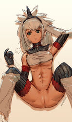 aurastack blue_eyes breasts capcom color detached_sleeves elbow_gloves female female_only gloves hairband horn horns kirin_(armor) long_hair midriff monster_hunter pussy silver_hair solo spread_legs thighhighs uncensored underboob