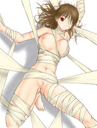 bandage bandages barefoot bondage breasts brown_hair copyright_request eye_patch female large_breasts long_hair morozou mummification nude pussy red_eyes solo uncensored