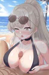 1boy babouto blue_archive blue_sky blush breasts censored cum cum_on_body eyewear_on_head facial female highres large_breasts long_hair mosaic_censoring nagisa_(blue_archive) nagisa_(swimsuit)_(blue_archive) ocean open_mouth outdoors paizuri paizuri_under_clothes penis simulated_facial sky swimsuit