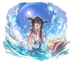 ahoge all_fours alpha_transparency bandaged_arm bandages beach bikini black_hair blue_sky blush breasts clavicle cleavage clothing cloud crescent danua day doll draph_race_(granblue_fantasy) ear female female_only front-tie_bikini front-tie_top granblue_fantasy gretel_(granblue_fantasy) hair_between_eyes hanging_breasts hansel_(granblue_fantasy) horn_ornament horns jewelry large_breasts long_hair looking_at_viewer minaba_hideo necklace ocean official_art open_mouth outdoors palm_tree pointed_ears rainbow red_eyes side-tie_bikini side-tie_swimsuit sky solo summer_drifter sun swimsuit teeth transparent_background tree upper_teeth water wet wet_hair white_bikini white_swimsuit
