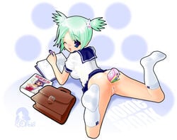 anal_insertion anus ass bag blue_eyes blush book bookbag copyright_request footwear green_hair polo pussy school_uniform short_hair signature socks spread_legs tied_hair twintails uncensored wink