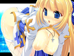 ass blonde_hair blue_eyes breasts cum cum_on_ass cum_on_body cum_on_breasts cum_on_lower_body cum_on_upper_body facial fishnets hair_ribbon kinoshita_ichi long_hair panties ragnarok_online ribbon thighhighs underwear