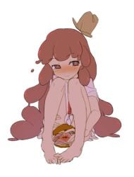 arby's arby's_waifu barefoot blush bottomless bottomless_female brown_eyes brown_hair brown_hair brunette_hair chibi cowboy_hat drawn eyebrows_visible_through_hair feet floating_hat hat juicy_pussy light-skinned_female pencil_(artwork) sandwich sandwich_(food) small_female spreading_pussy white_background