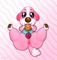 anatomically_correct anatomically_correct_genitalia anatomically_correct_pussy anatomically_correct_vulva animal_crossing animal_genitalia animal_pussy animal_vulva anthro anus ass big_nose black_eyes bodily_fluids bottomless brown_nose brown_pawpads candy canid canine canine_genitalia canine_pussy canine_vulva canis chocolate chocolate_chip_cookie chocolate_chips clothed clothing cookie cookie_(animal_crossing) countershade_face countershading darkened_genitalia darkened_vulva dessert digital_media_(artwork) domestic_dog dripping dripping_pussy dripping_wet eyelashes female fluffy fluffy_tail food fur genital_fluids genitals glistening glistening_eyes hi_res leg_markings looking_at_viewer lying mammal markings nintendo pattern_background pawpads paws pincoosh pink_body pink_fur presenting presenting_anus presenting_hindquarters presenting_vulva pussy signature simple_background smile smiling_at_viewer socks_(marking) solo tail vaginal_fluid_drip vaginal_fluids vulva white_body white_countershading