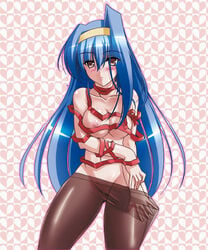 blue_hair blush breasts c.r. long_hair nipples pantyhose pantyhose_pull tsuzura_saki undressing