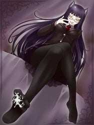 bad_feet cat_ears crossed_legs cum cum_on_body cum_on_clothes cum_on_feet cum_on_lower_body feet female_protagonist_(houkago_play) glasses highres houkago_play human human_only long_hair pantyhose purple_hair sitting tongue very_long_hair yaso_shigeru yellow_eyes