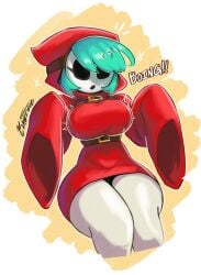 1girls belt blue_hair breasts clothed female female_only hourglass_figure kabiwuz mask masked_female red_clothing shy_gal sleeves stockings super_mario_bros. text thicc thick_thighs