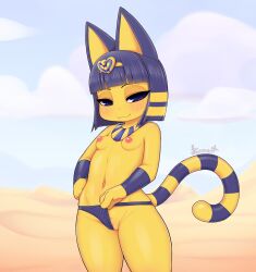 2023 animal_crossing ankha ankha_(animal_crossing) anthro artist_name breasts clothed clothing clothing_aside digital_media_(artwork) domestic_cat eyebrows felid feline felis female fingers genitals hair hi_res kionant looking_at_viewer mammal markings navel nintendo nipples panties panties_aside panties_only pink_nipples pussy small_breasts striped_markings striped_tail stripes tail tail_markings topless underwear underwear_aside underwear_only uraeus