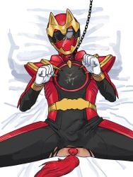 1boy anus anus_exposed armor armored_male ass ass_exposed bed bedding bedding_background belt bodysuit bodysuit_bulge buttplug buttplug_tail chain_leash collar cum cum_on_body cum_on_face cum_on_helmet cum_on_mask erect_penis erection erection_under_bodysuit exposed_anus exposed_ass gozyuwolf helmet hoeru_tono kintama_king45 leash leash_and_collar male male_focus male_only mask masked masked_male no.1_sentai_gozyuger on_bed petplay red_armor ripped_bodysuit solo super_sentai tail torn_bodysuit wolf wolf_ears