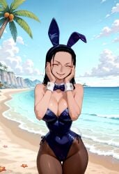 ai ai_art ai_generated animal_ears bare_shoulders beach black_hair black_pantyhose blue_bow blue_bowtie blue_leotard blue_sky bow bowtie breasts brown_pantyhose bunnysuit cameltoe cleavage closed_eyes cloud covered_navel cowboy_shot day detached_collar fake_animal_ears fake_tail female forehead hands_on_own_cheeks hands_on_own_face highleg highleg_leotard island, large_breasts leotard long_hair nico_robin ocean one_piece open_mouth outdoors palm_tree pantyhose patreon playboy_bunny rabbit_ears rabbit_tail sand shiny_clothes side-tie_leotard sky smile solo starfish strapless strapless_leotard tagme tail teeth thigh_gap tree twitter_username water wrist_cuffs xxai