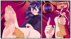 1boy 1girls 2_panel_comic barefoot black_nails clothed clothing comic cum disembodied_penis feet female foot_fetish foot_focus footjob handjob headband hex_maniac highres holding_penis human hypnosis magic male mind_control penis pokemon purple_eyes purple_hair soles spiral spiral_eyes text text_box tinsay_(artist) topwear