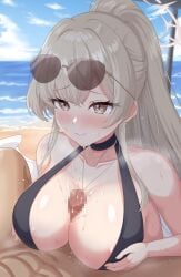 1boy babouto blue_archive blue_sky blush breasts censored cum cum_on_body eyewear_on_head facial female highres large_breasts long_hair mosaic_censoring nagisa_(blue_archive) nagisa_(swimsuit)_(blue_archive) ocean open_mouth outdoors paizuri paizuri_under_clothes penis simulated_facial sky swimsuit