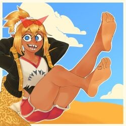 1girls alternate_version_available barefoot blonde_hair bottomwear clothed clothing dark-skinned_female dark_skin female_only foot_fetish foot_focus glasses_on_head hands_behind_head highres humanoid original_character shark_girl sitting soles solo tan_skin tinsay_(artist) topwear two_tone_feet