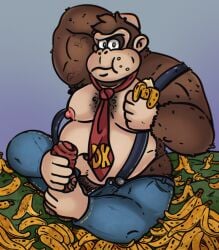 anthro ape balls banana belly big_penis clothing cosmic51moon donkey_kong_(character) donkey_kong_(series) donkey_kong_bananza eating food foreskin fruit genitals gorilla haplorhine hi_res humanoid male male_only mammal masturbation musclegut muscular necktie nintendo nipples overalls overweight overweight_anthro overweight_male penis plant primate shirtless_male sitting slightly_chubby solo