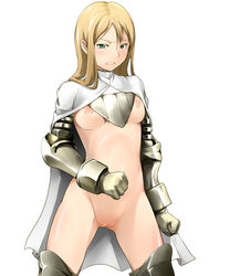 armor blonde_hair blush breasts cape embarrassed female female_knight final_fantasy final_fantasy_tactics final_fantasy_tactics_(original) gauntlets greaves green_eyes knight knight_(fft) long_hair nekomura nipples no_panties pointy_chin pussy slit_pupils solo tears underboob