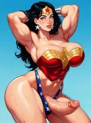 abs ai_generated aipixelporn armpits arms_behind_head big_ass big_breasts big_penis black_clothing blue_shirt breasts dc dc_comics dc_extended_universe dcau dceu diana_prince futanari hip_thrust intersex penis red_shirt tagme video wonder_woman wonder_woman_(series)