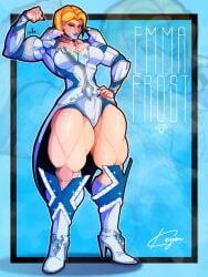 blonde_hair blue_eyeshadow blue_lipstick blue_nails emma_frost emma_frost_(marvel_rivals) eyeshadow flexing flexing_bicep full_body high_heel_boots high_heels kayon laiyondrack looking_at_viewer marvel marvel_rivals medium_breasts muscular_female smile sparkles thick_thighs white_boots zoom_layer