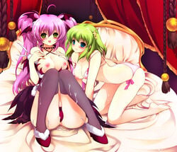 all_fours barefoot bed blue_eyes blush bra breasts cameltoe collar cum cum_on_body cum_on_breasts cum_on_clothes cum_on_hair cum_on_upper_body facial feet female female_only green_hair head_wings headwings juna legs lingerie multiple_girls nipples original panties pink_hair sitting smile straight_hair thighhighs tied_hair tongue twintails underwear yellow_eyes