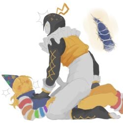1boy 1other bounce cross_section crossover doodle forsaken_(roblox) half_naked helmet inside_ass male nonbinary party_hat poob_(regretevator) regretevator request ringmaster_(forsaken) roblox roblox_game robloxian sex sexmaster99 socks tagme white_background