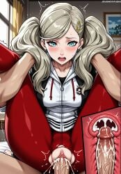 1boy ai_generated ann_takamaki atlus blonde_hair blue_eyes blush breasts clitoris clothed_sex clothing collarbone cowgirl_position cross_section cum cum_in_pussy cum_overflow drooling ejaculation erection female folded full_nelson grey_hair hair_ornament hairclip hood indoors internal_cumshot jacket jousneystudio leg_grab legs_up long_hair male medium_breasts megami_tensei nakadashi open_mouth pantyhose patreon_username penis persona persona_5 persona_5_royal pussy red_pantyhose saliva semen sex sex_from_behind shin_megami_tensei solo_focus spread_legs straight sweat swept_bangs takamaki_anne teeth torn_clothes torn_pantyhose twintails uterus vaginal_penetration veins veiny_penis