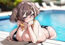 1girls ai_generated anya_melfissa bikini black_bikini blonde_hair brown_hair hololive hololive_indonesia huge_breasts long_hair purple_eyes virtual_youtuber