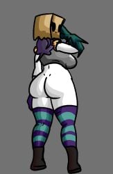 1girls ass ass_focus big_ass boots breasts brown_boots chetoh claire_(chetoh) close_(chetoh) commission commissioner_upload egg female female_focus female_only fusion fusion_character gloves green_arm hair looking_back looking_back_at_viewer multicolored_gloves multicolored_stockings oc original original_character paper_bag paper_bag_on_head purple_hair rear_view rose_(chetoh) stockings vest white_body