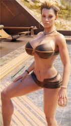 3d alex_xenakis artist_name big_breasts bikini blender blonde_hair breasts cybernetics cyberpunk_2077 earrings female fit fit_female holding_object honeyboy3d jewelry looking_at_viewer pool poolside self_upload tan_skin