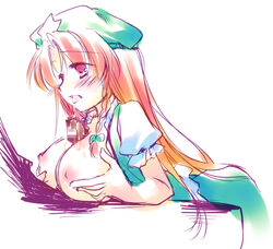 blush braid breasts censored cum female hair_ribbon hat hong_meiling large_breasts male mitsuki_(artist) motomiya_mitsuki orange_hair paizuri penis red_eyes red_hair ribbon sketch straight the_embodiment_of_scarlet_devil tongue touhou