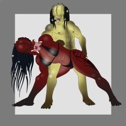abdominal_stretch abs anger barkkorn blind cobra_twist green_skin hairy_armpits imminent_sex intimacy male/female male_domination predator_(franchise) red_skin sexual size_difference stretching wrestling yautja