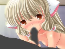 blonde_hair blowing blush breasts brown_eyes censored chii chobits fellatio game_cg nude oral penis