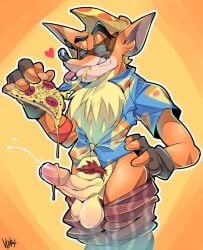 1boy alternate_costume ass balls crash_(series) crash_bandicoot crash_on_the_run cum cumshot domino's_pizza erection fingerless_gloves food green_eyes heart male male_only official_alternate_costume pants_down penis pizza pubic_hair simple_background solo sunglasses veiny_penis vgls4 video_games