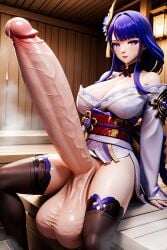 3d absurdly_large_cock ai_generated big_balls big_breasts genshin_impact kimono long_penis precum purple_eyes purple_hair raiden_shogun red_lipstick sauna stockings