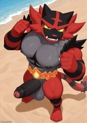 abs absurd_res ai_generated balls barazoku beach black_body claws erection felid feline fire flexing generation_7_pokemon genitals glans green_eyes hi_res high-angle_view humanoid_genitalia incineroar looking_at_viewer male mammal nintendo nipples outside paws pecs penis pink_nose pokemon pokemon_(species) red_body saggy_balls sand seaside solo standing tail teeth thick_penis yellow_sclera