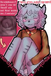 :3 alien anthro blue_body blue_skin blush cervix clitoris clothed clothing commissar_thalasa communism duo ear_tuft female first_person_view genitals hair head_first internal internal_vaginal macro micro military_uniform partially_clothed politics poster propaganda propaganda_poster pussy stripes teruni-inamor text tuft unbirthing uniform vaginal_penetration virelli vore vulva white_hair