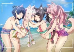4girls after_kiss animal_ear_hairband animal_ears beach bikini blue_eyes blurry blurry_background blush braid breasts brown_eyes cat_ear_hairband cat_ears cat_girl cat_tail chocola_(nekopara) dildo eroartdraw eyebrows_hidden_by_hair fake_animal_ears fraise_(nekopara) from_side green_eyes hairband long_hair medium_breasts medium_hair minazuki_shigure multiple_girls nail_polish nekopara nipples ocean open_mouth pink_hair purple_eyes pussy_juice saliva saliva_trail sex sex_from_behind sex_toy short_hair smile strap-on swimsuit tail twin_braids vanilla_(nekopara) viewfinder yuri