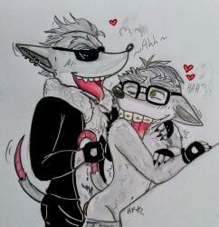 2boys ahe_gao alternate_costume anal ass bandicoot biker_jacket crash_(series) crash_bandicoot crash_bandicoot:_warped crash_team_racing_nitro-fueled fake_crash fingerless_gloves furry furry_only gay glasses jacket kannibalekaiii lenny_face male male_only marsupial monochrome nerd official_alternate_costume tail traditional_media video_games yaoi