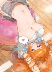 exercise exercise_ball heart hololive tagme takanashi_kiara to tongue_out underboob upside-down vtuber