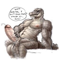 age_difference alligator alligatorid anthro balls big_balls big_penis bodily_fluids crocodile crocodilian dialogue elderly erection genital_fluids genitals hi_res holding_penis huge_cock male muscular nipples older_male overweight pecs penis precum reptile saggy_balls scalie shybird simple_background sitting smile solo speech_bubble toothy_grin vein veiny_penis white_background