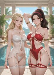 2girls ai_generated arm_behind_another's_back arm_behind_head armband armlet armpits babydoll babydoll_lingerie bangle belly_button belly_button_visible_through_clothing blonde_hair bow_accessory bow_ribbon bracelet brunette_hair criss-cross_strings earrings elegant garter garter_straps hair_strand hair_tie hairband hourglass_figure inner_sideboob lace long_hair loose_hair lounge_chair medium_breasts palm_leaf panties ponytail poolside potted_plant rgomez007 seductive_smile see-through skindentation sky slender_body stable_diffusion straps thick_thighs underboob wide_hips